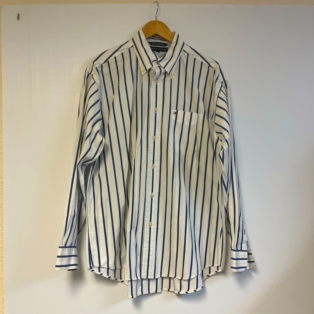 Tommy Hilfiger Men’s 80s Two-Ply Cotton Striped Shirt – White & Navy – Size‎ L